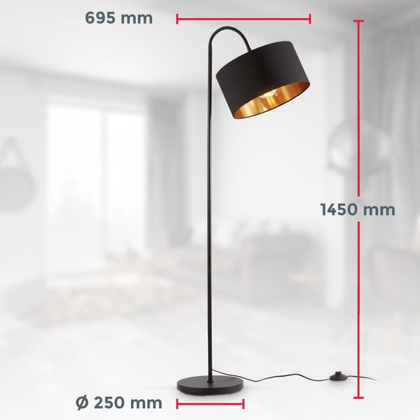 Stehlampe - Schalter, schwenkbar, Stoffschirm, E27 Fassung, Schwarz