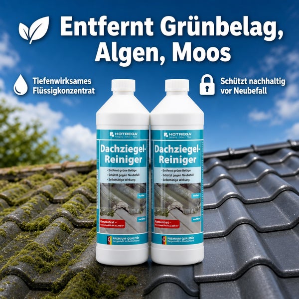 Zwei Flaschen Hotrega Dachziegel Reiniger zur Beseitigung von Grünbelag Algen und Moos auf Dächern inklusive Langzeitschutz und Tiefenwirkung