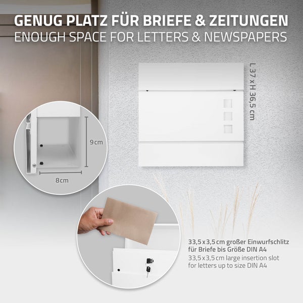 ECD Germany Standbriefkasten mit Zeitungsfach, Design Briefkasten mit Pfosten, Briefkastenanlage, Briefkastenständer Silber 120 cm Edelstahl, Postkasten Weiß 37x10,5x36,5 cm Stahl pulverbeschichtet