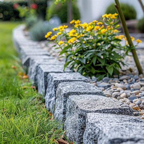 Rasenkante aus Granitsteinen trennt eine Rasenfläche von einem Gartenbeet mit gelben Blumen und Kies.