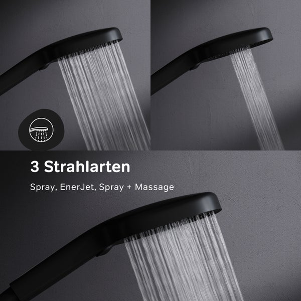 Handbrause mit drei Strahlarten Spray, EnerJet und Spray plus Massage zur Auswahl der Wasserstrahlfunktionen.