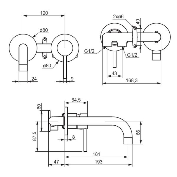 Technische Zeichnung der Wandarmatur mit detaillierten Maßangaben in Millimetern für die Montage und Planung.