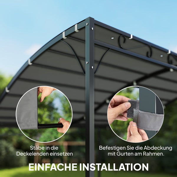 Einfache Installation eines Pavillons: Stäbe in die Dachplane einsetzen und Abdeckung mit Klettbändern am Metallrahmen befestigen.