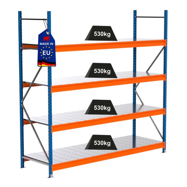 Schwerlastregal mit vier Ebenen und einer Traglast von 530 Kilogramm pro Ebene, hergestellt in der EU