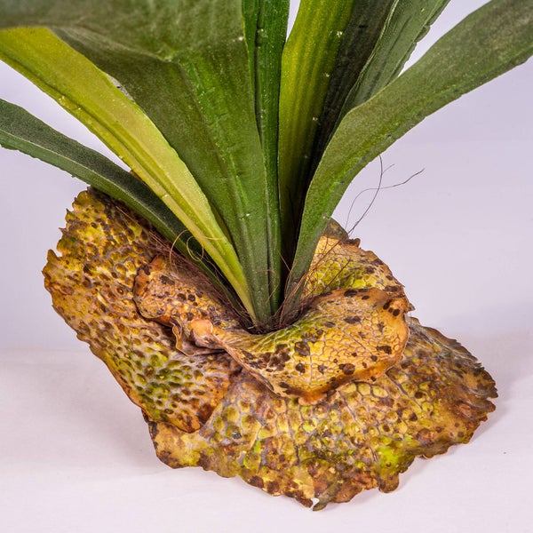Künstliche Palme in einem anthrazitfarbenen Topf mit Moosbedeckung.