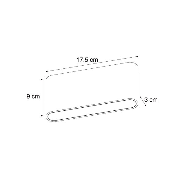 Maßzeichnung einer Wandleuchte: Breite 17,5 Zentimeter, Höhe 9 Zentimeter, Tiefe 3 Zentimeter.