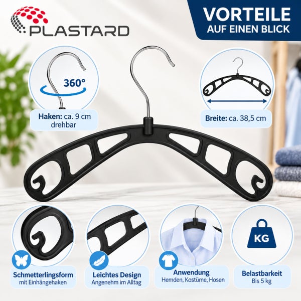 Plastard Kleiderbügel mit 360 Grad drehbarem Haken, 38,5 cm Breite, Schmetterlingsform und 5 kg Belastbarkeit.
