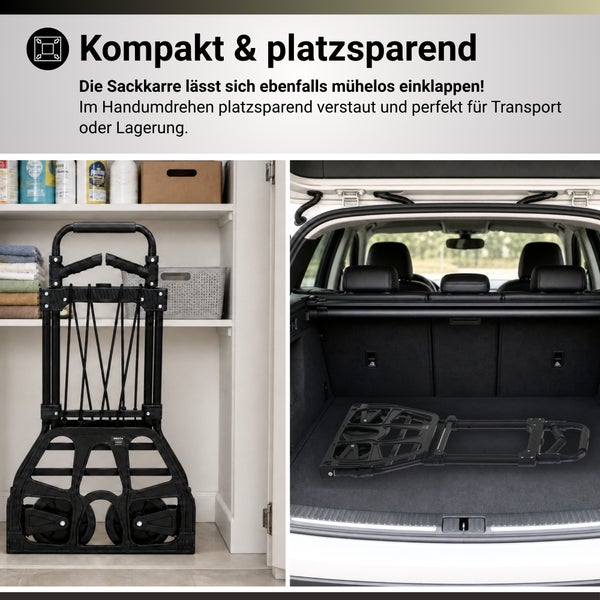 Zusammengeklappte schwarze Sackkarre platzsparend in einem Schrank und im Kofferraum eines Autos verstaut.
