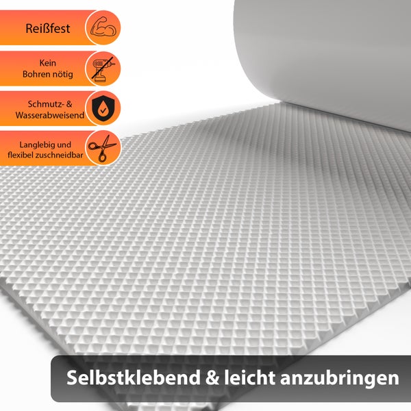 Selbstklebende und leicht anzubringende Matte mit den Eigenschaften: Reißfest, kein Bohren nötig, schmutz- und wasserabweisend, langlebig und flexibel zuschneidbar