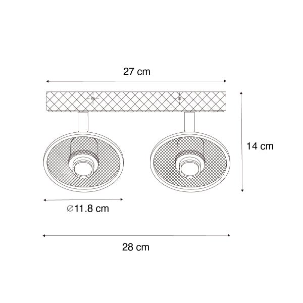 Technische Zeichnung einer Deckenleuchte mit zwei Strahlern und Maßangaben