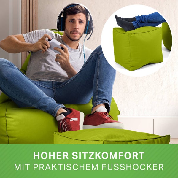 Green Bean 2er Set Sitzsack + Hocker - fertig befüllt - robust waschbar schmutzabweisend - Kinder & Erwachsene Bean Bag Bodenkissen Lounge Sitzhocker Relax-Sessel Gamer Gamingstuhl Pouf - Grün