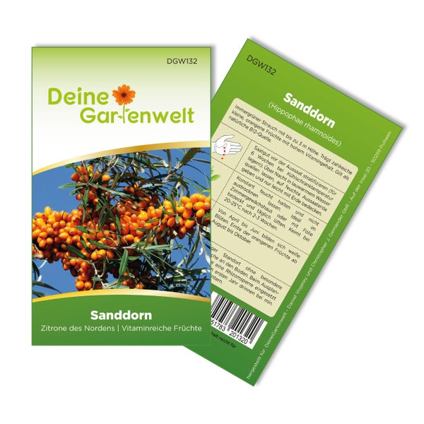 Samentüte Sanddorn mit Deine Gartenwelt Logo, Abbildung reifer Früchte und Aussaat-Informationen auf der Rückseite.