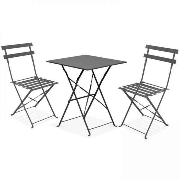 Klappbares Balkonset 3-teilig aus Metall bestehend aus einem quadratischen Tisch und zwei Stühlen.