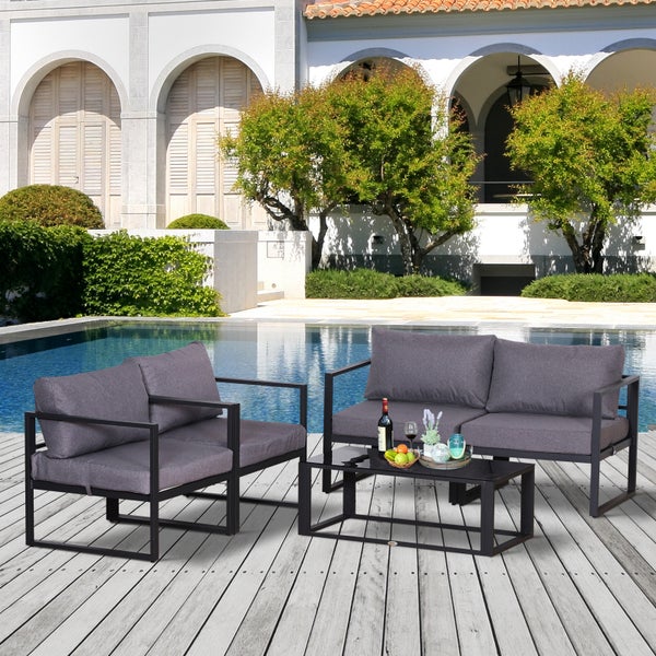 Outsunny Vierteiliges Gartenmöbel Set, Sitzgruppe, Sofa mit Sitzkissen, Tisch mit Stauraum, Polyester, Grau, 138 x 69 x 63 cm