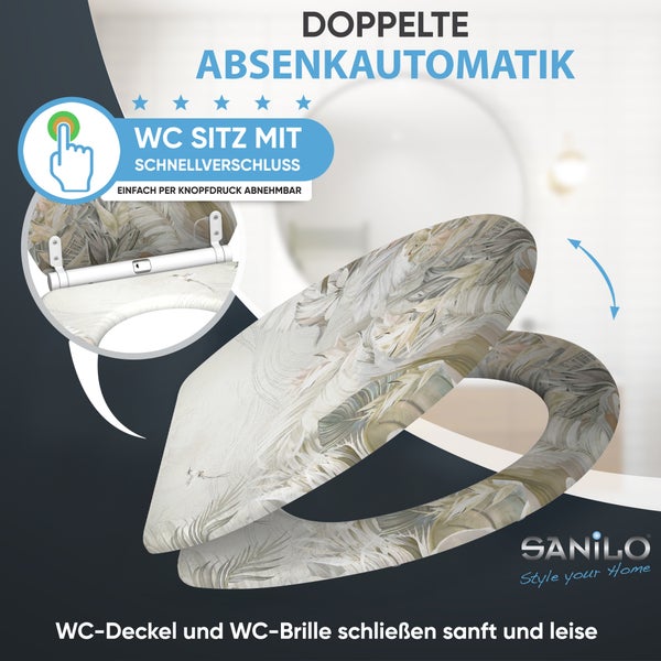 WC Sitz von Sanilo mit Absenkautomatik und Schnellverschluss, verziert mit einem Blattmuster.