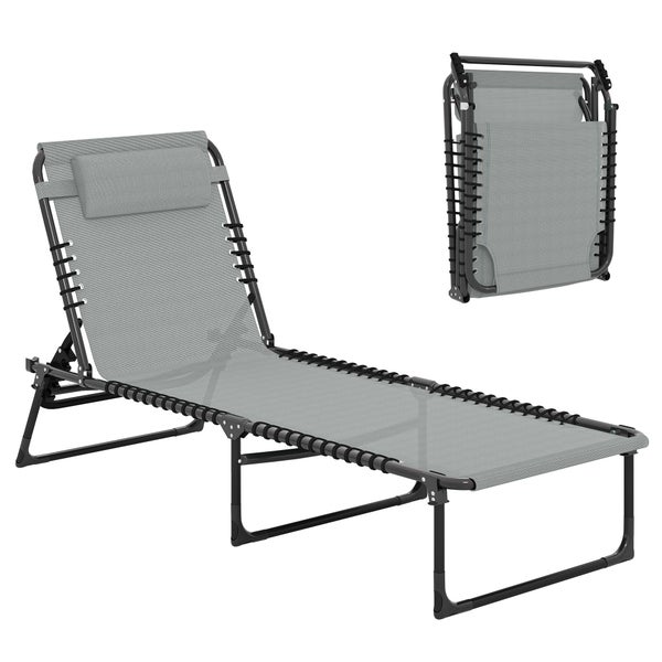 Graue Gartenliege, klappbar, mit verstellbarer Rückenlehne, Kopfpolster und schwarzem Metallrahmen.