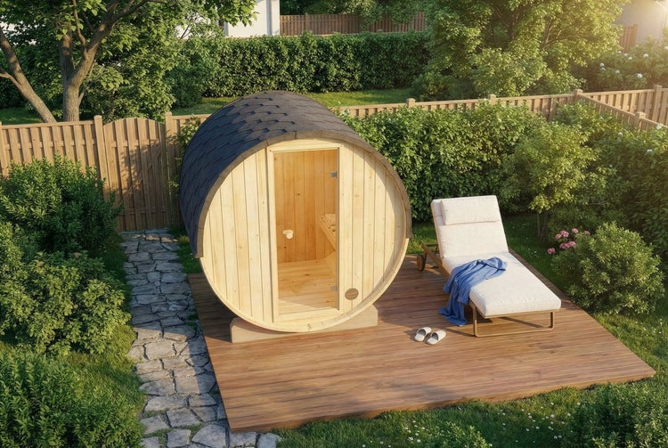 Fasssauna aus hellem Holz mit dunklem Schindeldach auf einer Holzterrasse im Garten, neben einer Sonnenliege mit Handtuch und einem Zaun.