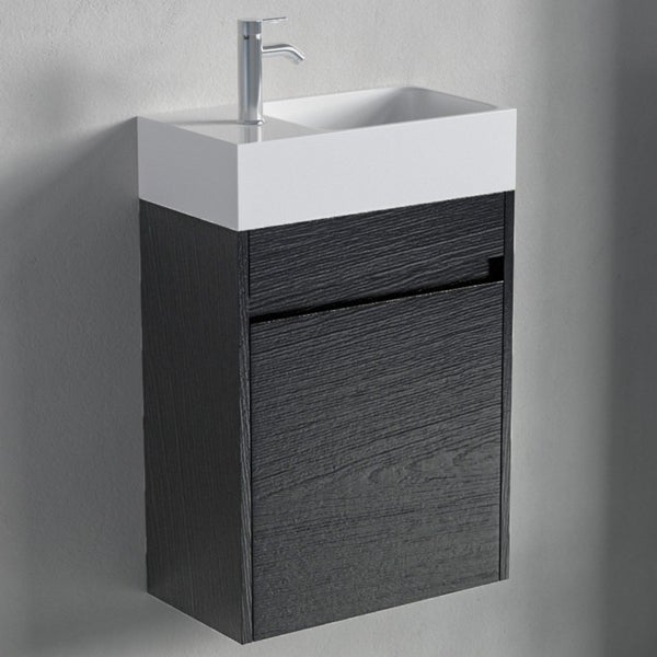 Hängender Waschbeckenunterschrank mit aufgesetztem Waschbecken und Wasserhahn in moderner Optik für das Badezimmer