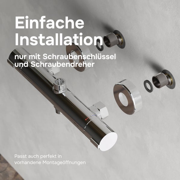 Explosionsansicht einer Thermostat Armatur mit Montageteilen für eine einfache Installation an vorhandene Anschlüsse