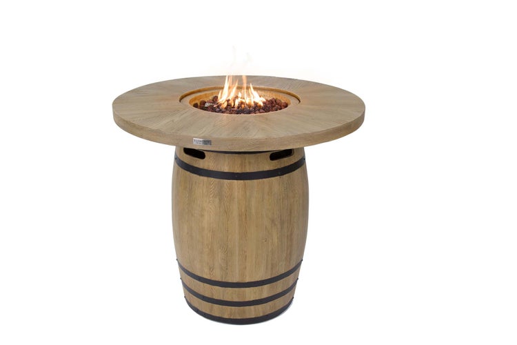Gaskamin-Tisch in Weinfass-Optik mit runder Tischplatte, Lavasteinen und brennenden Flammen, Elementi Logo.