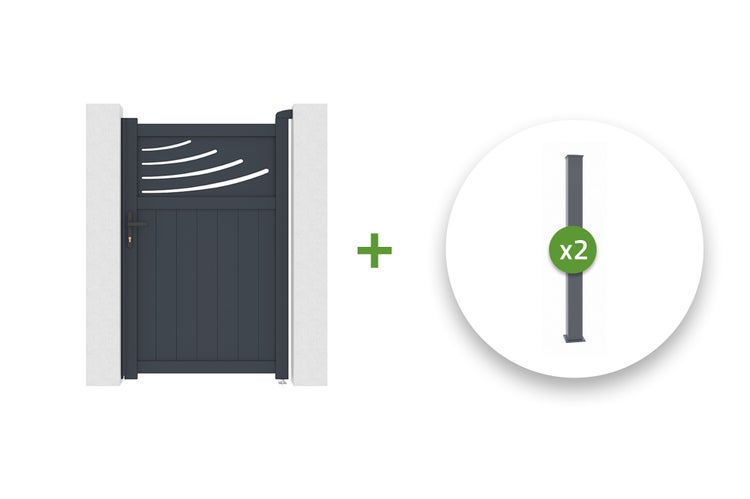 Set bestehend aus einem einflügeligen anthrazitfarbenen Gartentor aus Aluminium mit dekorativen Aussparungen und zwei Pfosten.