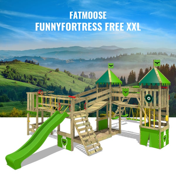 Fatmoose Spielturm Klettergerüst FunnyFortress mit Doppelschaukel, Brücke, Surfanbau und Rutsche – apfelgrün