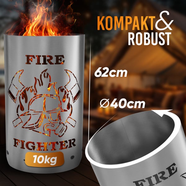 Feuerkorb aus Stahl mit Feuerwehrmann-Motiv, 62 cm hoch und 40 cm Durchmesser