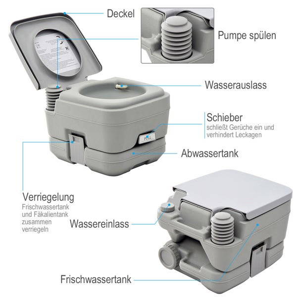 HOMCOM Campingtoilette Faltbare Reisetoilette max. Tragkraft bis 200 kg 10L Falttoilette Trockentrenntoilette für Camping, Wandern, Reisen, Angeln Grau