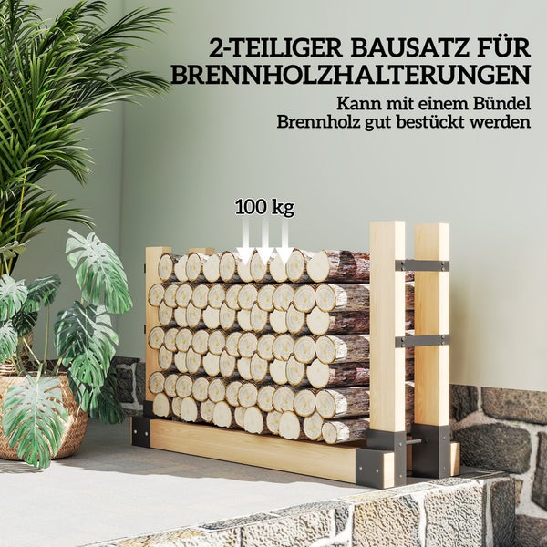 Brennholzregal Bausatz mit Holzscheiten und einer maximalen Traglast von 100 Kilogramm