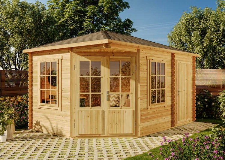 Alpholz 5-Eck Gartenhaus Rhein ISO Gartenhaus aus Holz in natur, Holzhaus mit 28 mm Wandstärke, Blockbohlenhaus mit Montagematerial imprägniert 4,4x3m