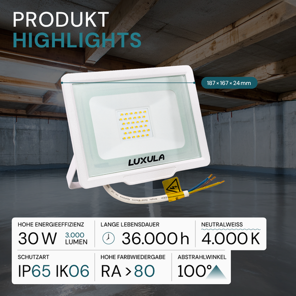 Weiße Luxula LED-Lampe mit Schutzart IP65 IK06