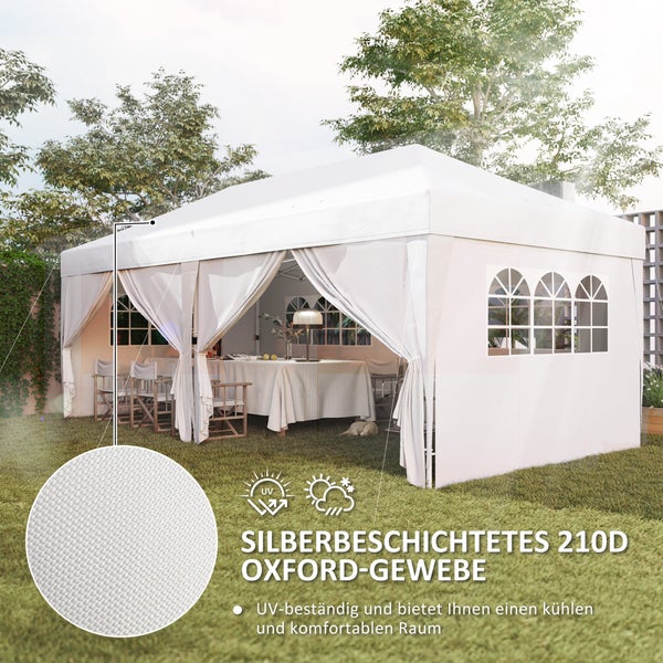 Weißes Partyzelt im Garten mit Fenstern und Möbeln, aus UV-beständigem silberbeschichtetem 210D Oxford-Gewebe.