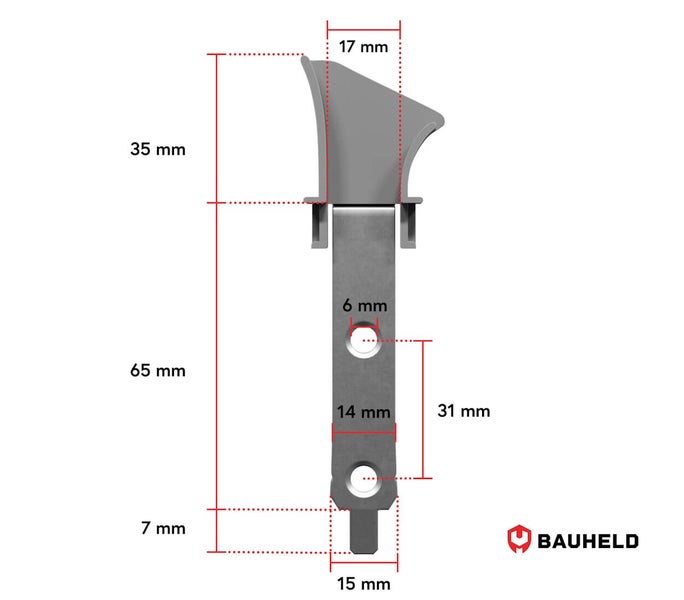Technische Zeichnung eines Montageprodukts mit Größenangaben in Millimetern.