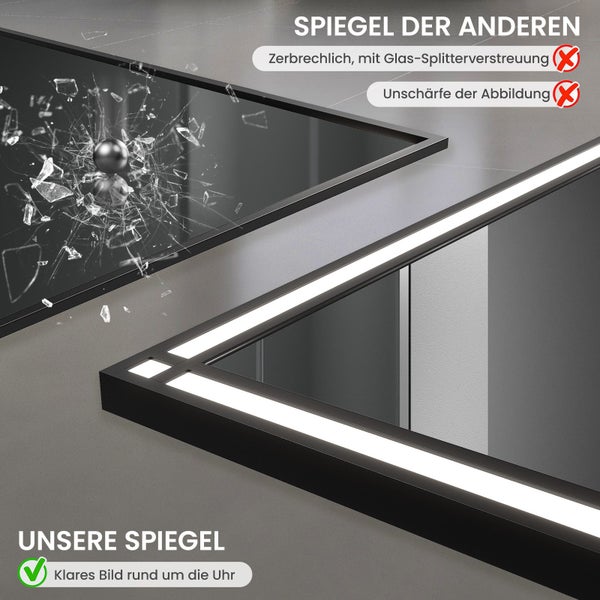 Vergleich zwischen einem minderwertigen Spiegel mit Splittergefahr und einem hochwertigen Hornbach LED Spiegel mit klarem Bild.