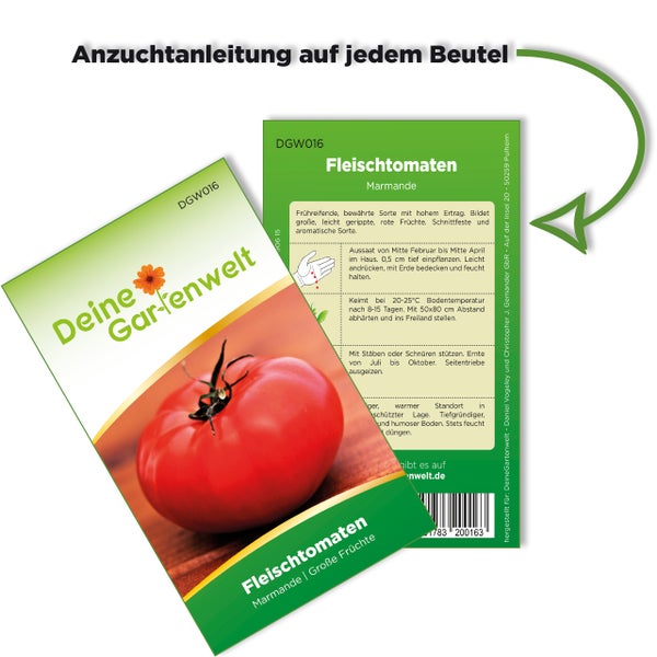 Vorder- und Rückseite einer Samentüte für Fleischtomaten Marmande von Deine Gartenwelt mit Anzuchtanleitung.
