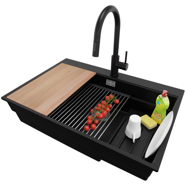 PRIMAGRAN Granitspüle Schwarz 78x53cm, Spülbecken 1 Becken + Küchenarmatur 40x20cm + Ablauf-Set + Küchenzubehörset, Küchenspüle ab 80er Unterschrank - Oslo Max