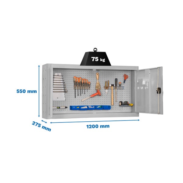 Werkzeugschrank mit Werkzeugen und Abmessungen 1200 mm x 550 mm x 275 mm und maximaler Belastbarkeit von 75 kg