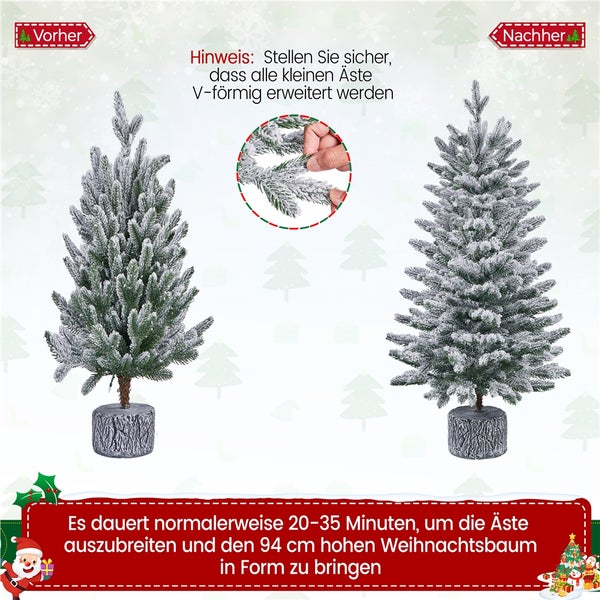 Vorher-Nachher-Ansicht eines 94 Zentimeter hohen, schneebedeckten künstlichen Weihnachtsbaums