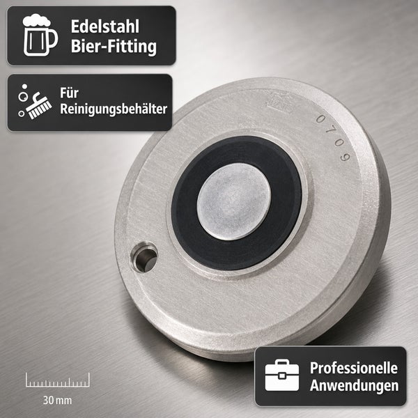 Runder Edelstahl Bierfitting mit Dichtung für Reinigungsbehälter, für professionelle Anwendungen geeignet, Durchmesser 30 Millimeter.