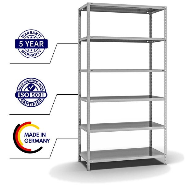 PROREGAL Fachbodenregal Schraubsystem Heavy-Duty Grundregal HxBxT 250 x 130 x 60 cm 6 Ebenen Fachlast 350 kg Beidseitig Nutzbar Verzinkt