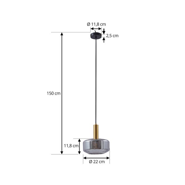Rauchgraue Glaspendelleuchte: Gesamthöhe 150 Zentimeter, Schirm Durchmesser 22 Zentimeter, Höhe 11,8 Zentimeter, Baldachin Durchmesser 11,8 Zentimeter.