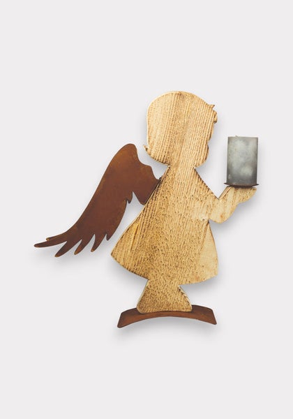 Dekorativer Engel aus Holz und Metall mit Kerzenhalter