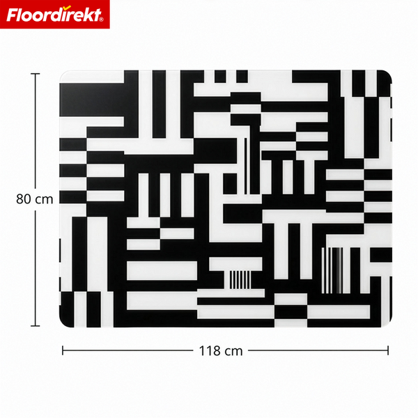 Floordirekt Logo. Bodenschutzmatte mit schwarz-weißem geometrischem Muster, 80 Zentimeter mal 118 Zentimeter.