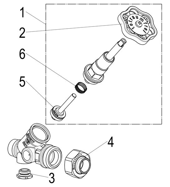 Explosionszeichnung einer Ventilarmatur mit nummerierten Einzelteilen zur Identifizierung von Ersatzteilen.