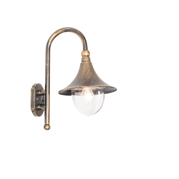 Klassische Außenwandleuchte aus Metall in Antik-Optik mit gebogenem Arm, glockenförmigem Schirm und klarem Glas.