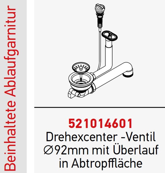Drehexcenter Ventil mit 92 Millimeter Durchmesser und Überlauf für Spülbecken