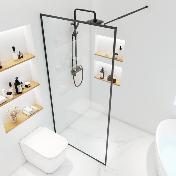 Home Deluxe - Duschabtrennung - BAKI - Breite: 140 cm, Schwarzer Rahmen, Klarglas, 1 Raster Optik - 10 mm ESG - Sicherheitsglas I Walk in Dusche, Duschwand, Duschtür