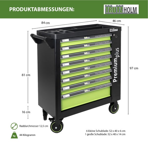 Trutzholm Werkstattwagen Premium plus mit Produktabmessungen: 84 x 46 x 97 cm, Gewicht 44 kg und Details zu den 7 Schubladen.
