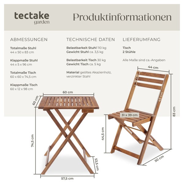 tectake garden Logo. Infografik zum Gartenmöbel-Set aus geöltem Akazienholz mit Abmessungen und technischen Daten für Klapptisch und Stühle.