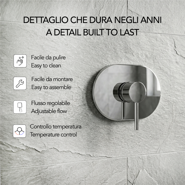 Einhebel-Mischer für Dusche oder Badewanne mit Symbolen für leichte Reinigung, Montage, einstellbaren Durchfluss und Temperaturregelung.